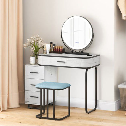Interactive Dressing Table with Circular Mirror, Charging Station and Stool Model 1