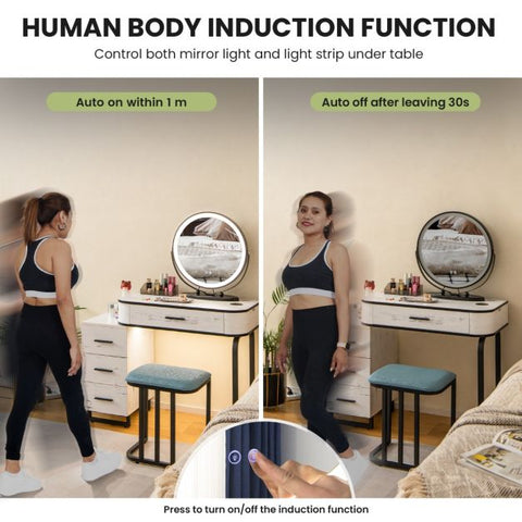 Interactive Dressing Table with Circular Mirror, Charging Station and Stool Model 1