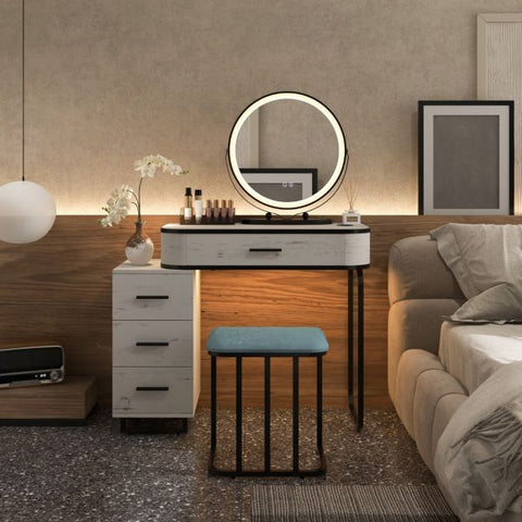 Interactive Dressing Table with Circular Mirror, Charging Station and Stool Model 1