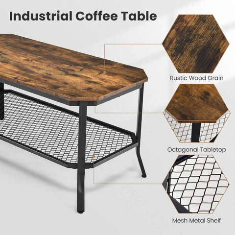 Rustic 2 Tier Coffee Table with Vintage and Industrial Design
