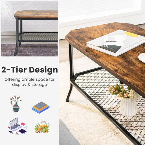 Rustic 2 Tier Coffee Table with Vintage and Industrial Design