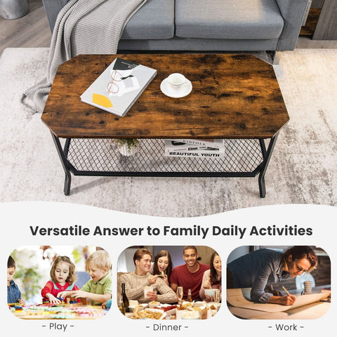 Rustic 2 Tier Coffee Table with Vintage and Industrial Design