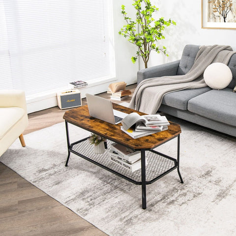 Rustic 2 Tier Coffee Table with Vintage and Industrial Design