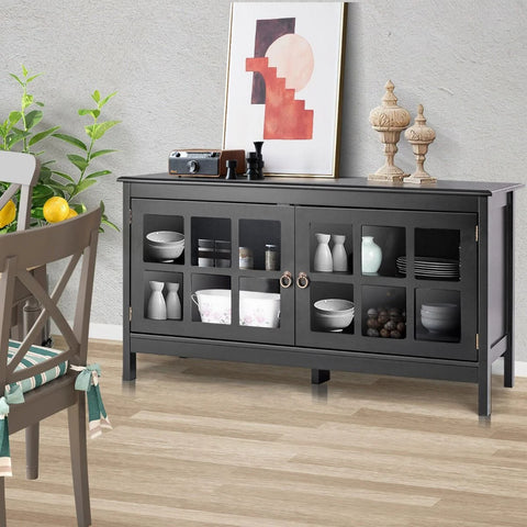 Modern Contemporary TV Stand with Adjustable Shelves and Tempered Glass Doors