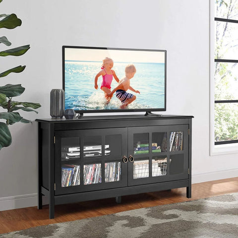 Modern Contemporary TV Stand with Adjustable Shelves and Tempered Glass Doors