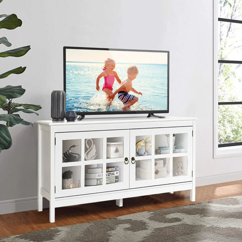 Modern Contemporary TV Stand with Adjustable Shelves and Tempered Glass Doors