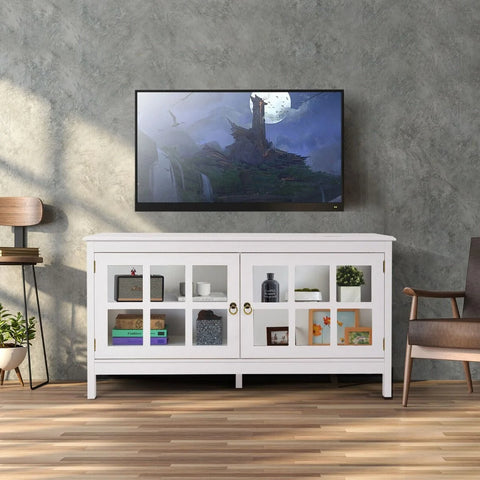 Modern Contemporary TV Stand with Adjustable Shelves and Tempered Glass Doors