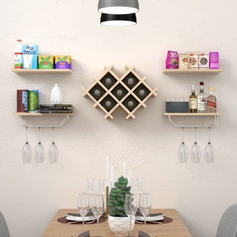 Floating Wall Mounted Wine Rack with Four Separate Shelves, 2 with Glass Storage-Natural