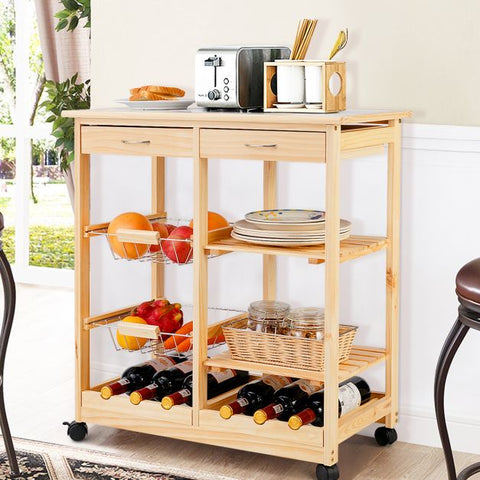 Sturdy and Simple Mobile Storage Cart with Tile Countertop and Multiple Storage Shelves