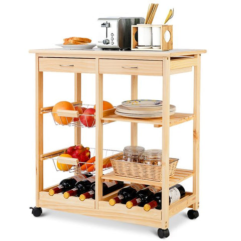 Sturdy and Simple Mobile Storage Cart with Tile Countertop and Multiple Storage Shelves