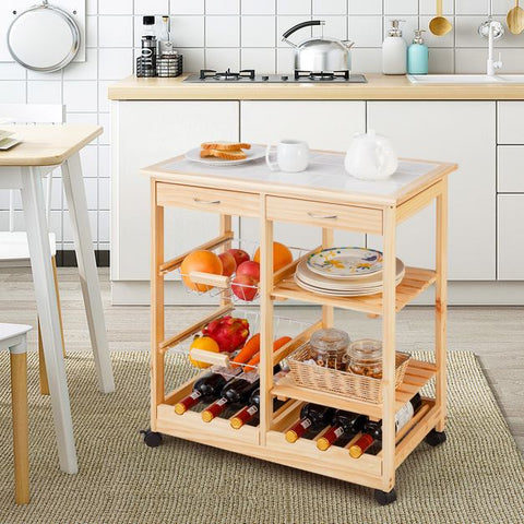 Sturdy and Simple Mobile Storage Cart with Tile Countertop and Multiple Storage Shelves