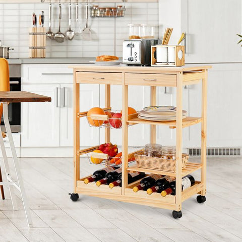Sturdy and Simple Mobile Storage Cart with Tile Countertop and Multiple Storage Shelves