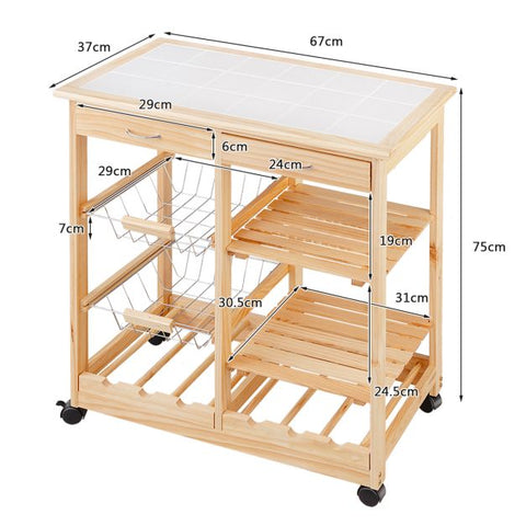 Sturdy and Simple Mobile Storage Cart with Tile Countertop and Multiple Storage Shelves