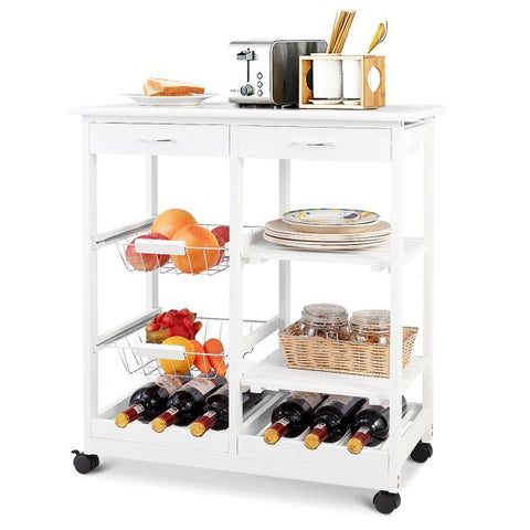 Sturdy and Simple Mobile Storage Cart with Tile Countertop and Multiple Storage Shelves