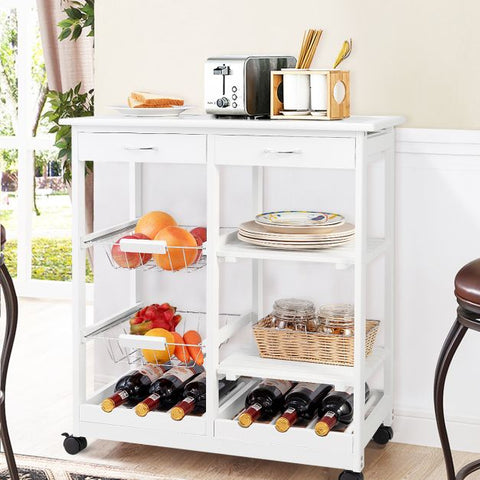 Sturdy and Simple Mobile Storage Cart with Tile Countertop and Multiple Storage Shelves