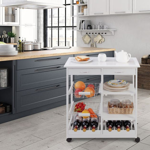 Sturdy and Simple Mobile Storage Cart with Tile Countertop and Multiple Storage Shelves