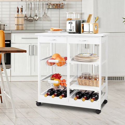 Sturdy and Simple Mobile Storage Cart with Tile Countertop and Multiple Storage Shelves