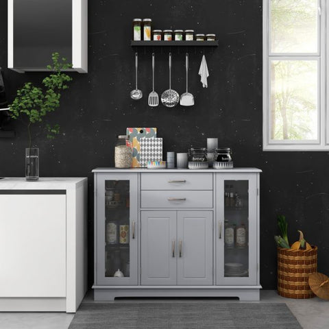 Modern and Minimalistic Buffet Sideboard with Moveable Shelves and Glass Doors