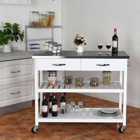 Classic and Spacious Kitchen Island Cart with Wheels and Drawers in White