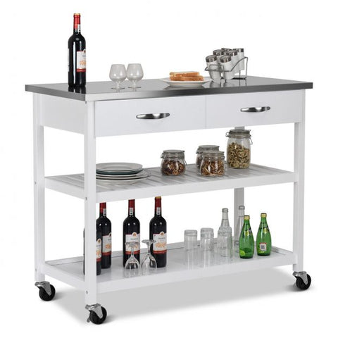 Classic and Spacious Kitchen Island Cart with Wheels and Drawers in White