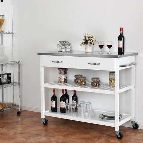 Classic and Spacious Kitchen Island Cart with Wheels and Drawers in White