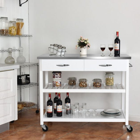 Classic and Spacious Kitchen Island Cart with Wheels and Drawers in White