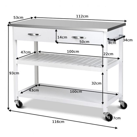 Classic and Spacious Kitchen Island Cart with Wheels and Drawers in White
