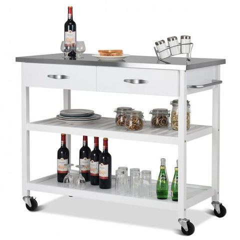 Classic and Spacious Kitchen Island Cart with Wheels and Drawers in White