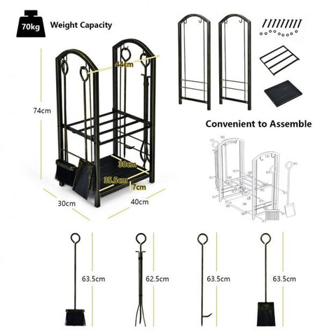 Firewood Log Rack with Integrated 4-Piece Fireplace Tools