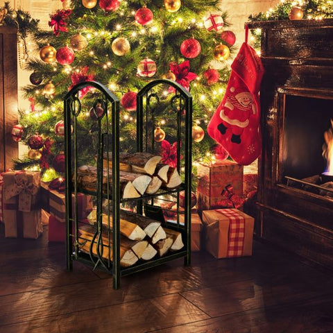 Firewood Log Rack with Integrated 4-Piece Fireplace Tools
