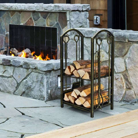 Firewood Log Rack with Integrated 4-Piece Fireplace Tools