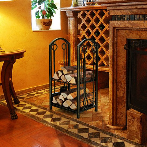 Firewood Log Rack with Integrated 4-Piece Fireplace Tools
