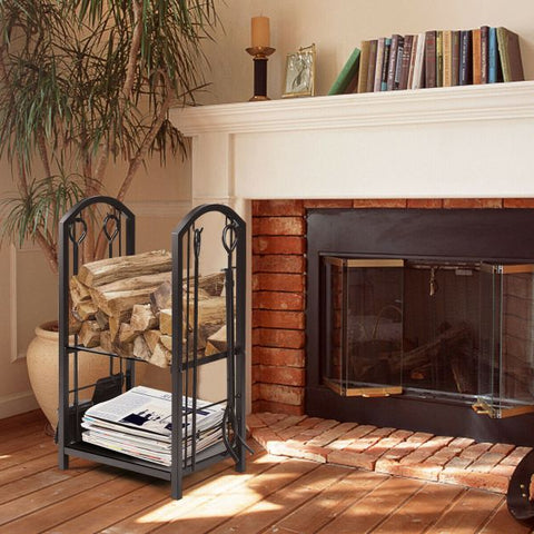 Firewood Log Rack with Integrated 4-Piece Fireplace Tools