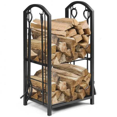 Firewood Log Rack with Integrated 4-Piece Fireplace Tools