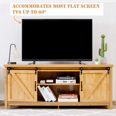 Elegant and Rustic TV Stand with Ample Storage and Functional Barn Doors