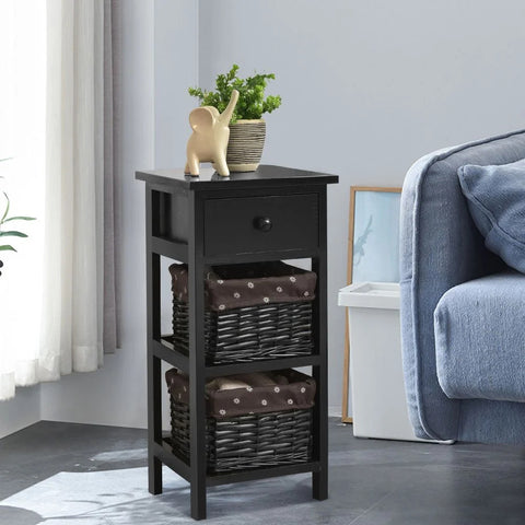 Vintage Style Tall Side Table with Practical Wood and Wicker Drawers