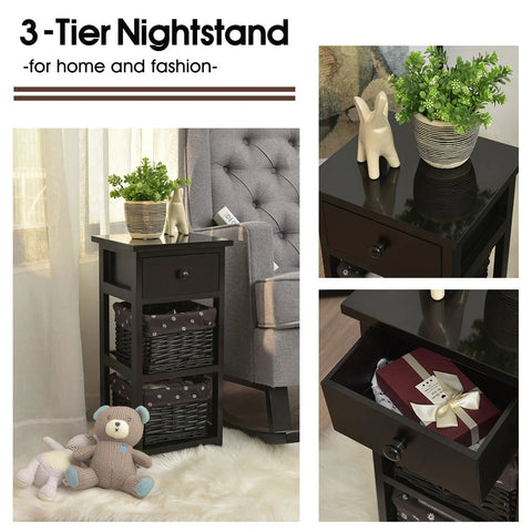 Vintage Style Tall Side Table with Practical Wood and Wicker Drawers