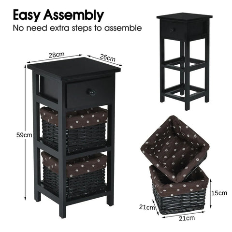 Vintage Style Tall Side Table with Practical Wood and Wicker Drawers