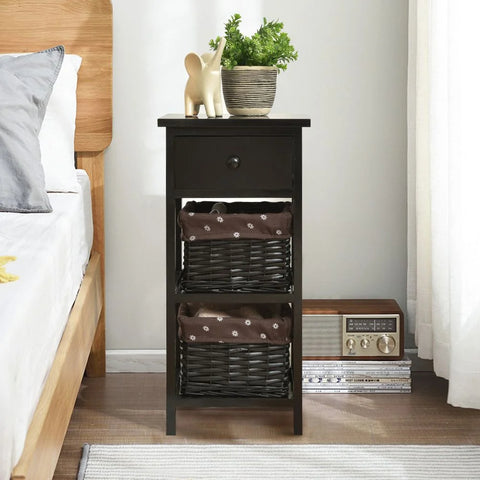 Vintage Style Tall Side Table with Practical Wood and Wicker Drawers