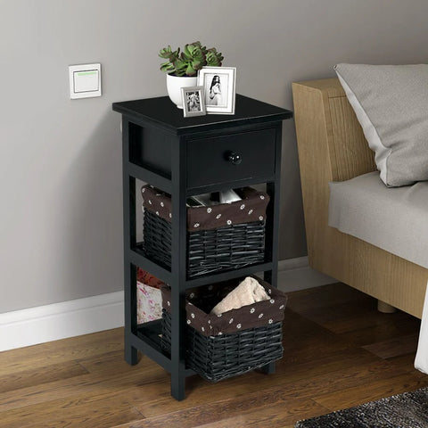 Vintage Style Tall Side Table with Practical Wood and Wicker Drawers