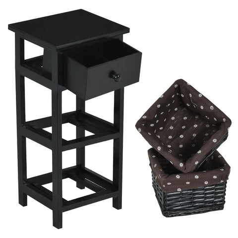 Vintage Style Tall Side Table with Practical Wood and Wicker Drawers