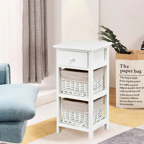 Vintage Style Tall Side Table with Practical Wood and Wicker Drawers