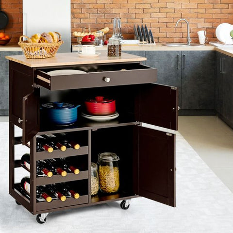 Sleek and Sturdy Kitchen Cart with Movable Wheels and Integrated Wine Rack