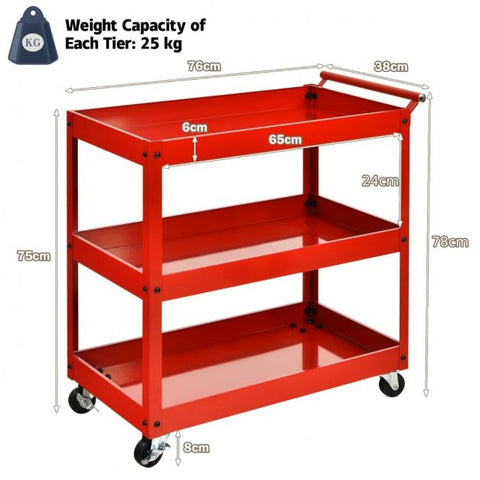 Creative and Versatile Mobile Storage Cart with 3 Tiers and Movable Wheels in Red