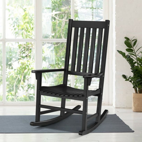 Indoor or Outdoor Wooden Rocking Chair with Ergonomic Design in Black