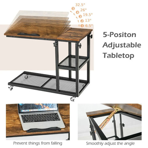 Versatile Adjustable Side Table with Ample Storage and Swivel Wheels