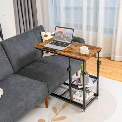 Versatile Adjustable Side Table with Ample Storage and Swivel Wheels