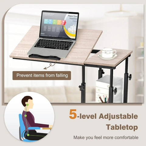 Versatile Adjustable Side Table with Ample Storage and Swivel Wheels