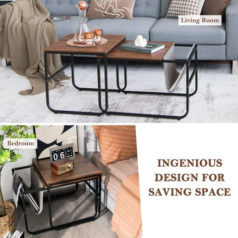 Compact and Spacious 2 Piece Coffee Table with Modern Industrial Design in Brown