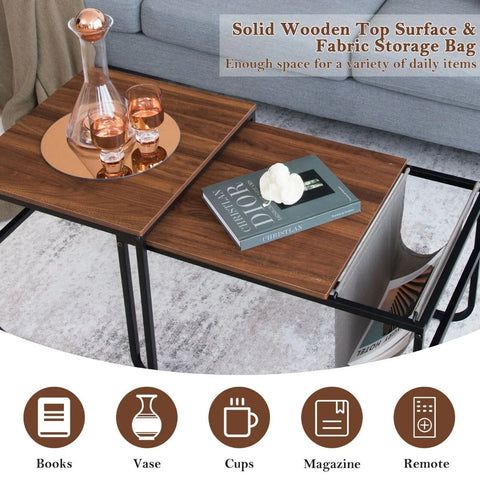Compact and Spacious 2 Piece Coffee Table with Modern Industrial Design in Brown
